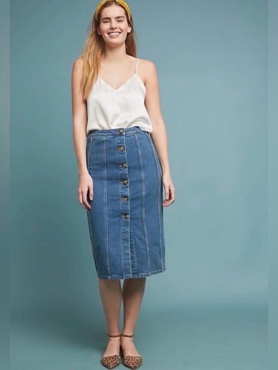 Pilcro Dresses & Skirts - Anthropologie Pilcro and the Letterpress Denim Button-Front Midi Pencil Skirt